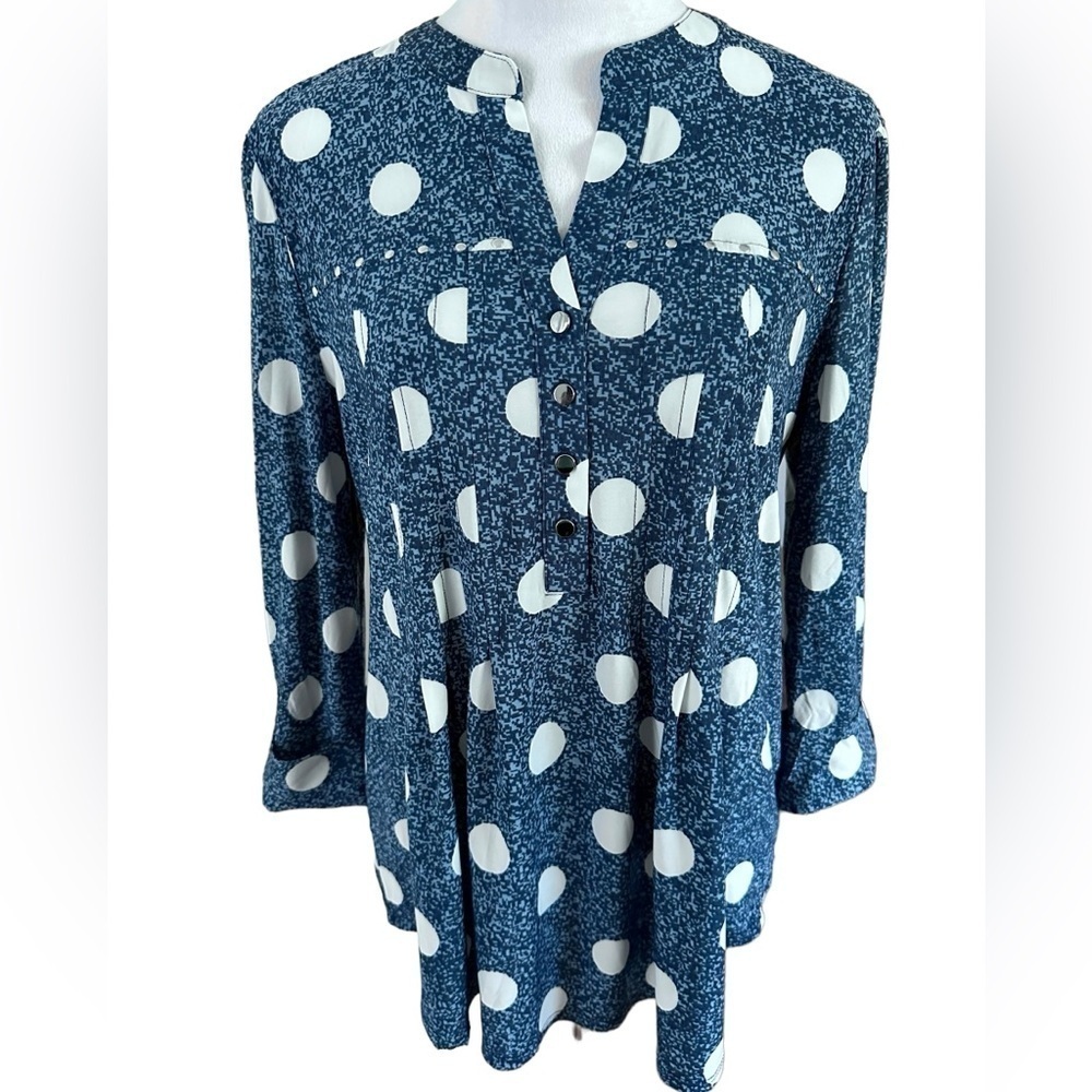 COCOMO XL Blue White Studded 3/4 Sleeve women’s Pintuck Blouse top shirt